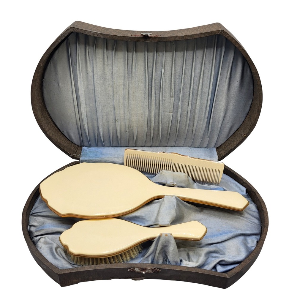 Vintage Celluloid Dresser Vanity Set 3pc Cream Mirror Brush Comb with Case